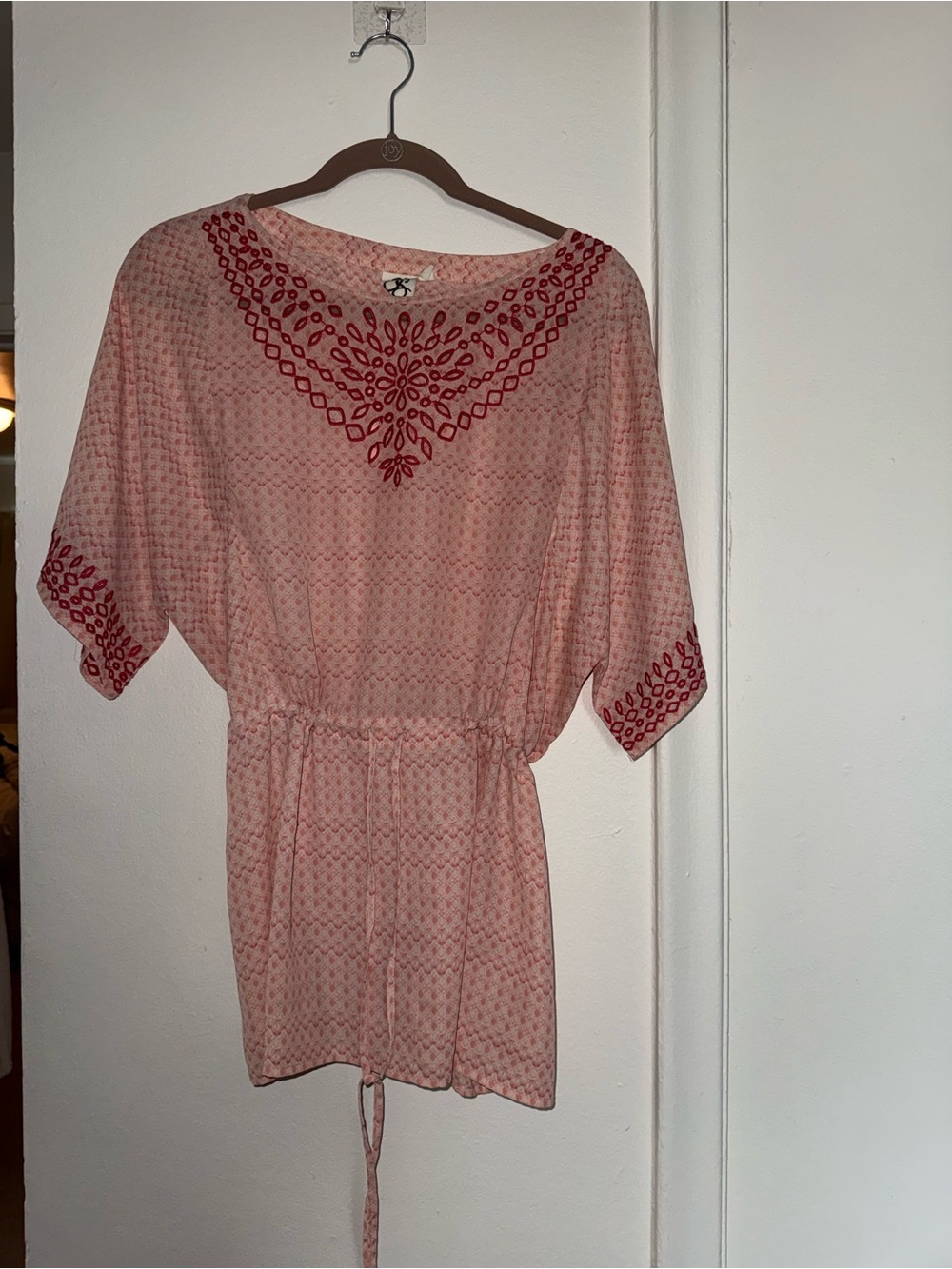 Anthropologie Pink Tunic with Red Embroidered Accents